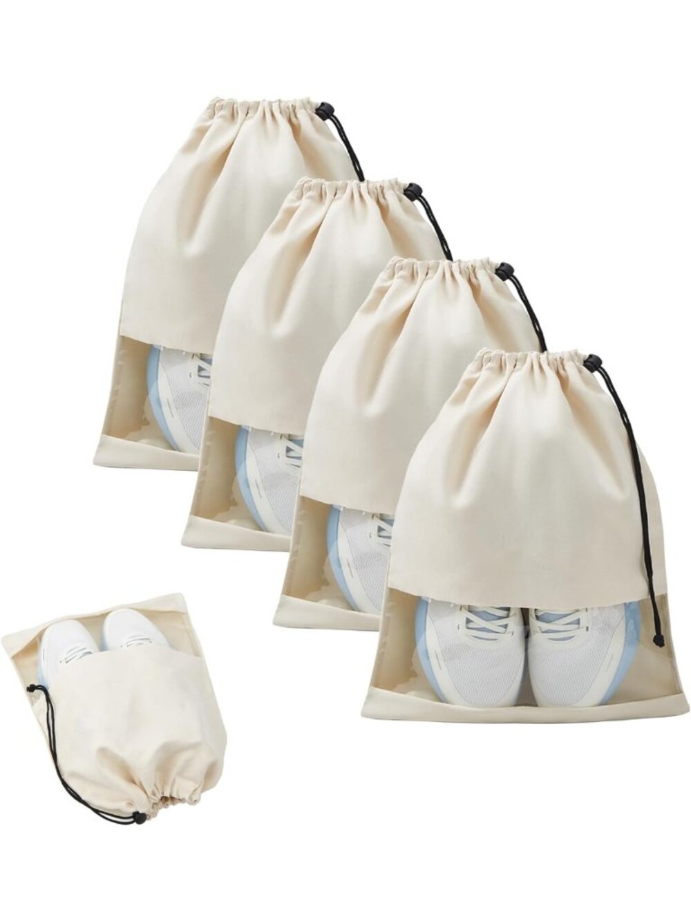 Travel Shoe Bags - 4 Pack with Clear Window & Drawstring Closure for Easy